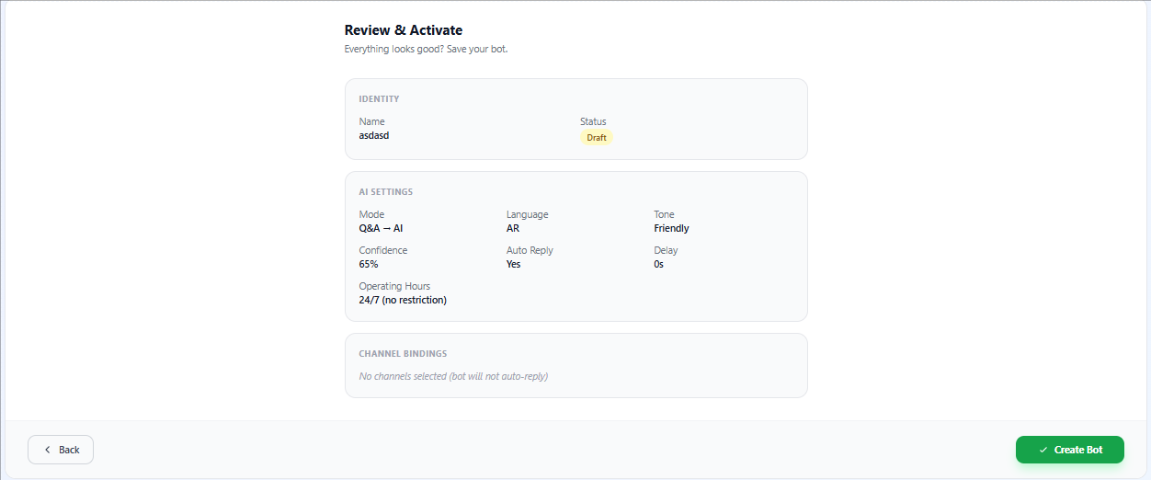 Bot builder wizard — Identity → AI Settings → Channels → Review